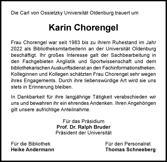 Traueranzeige von Karin Chorengel von Nordwest-Zeitung
