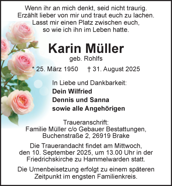 Traueranzeige von Karin Müller von Nordwest-Zeitung