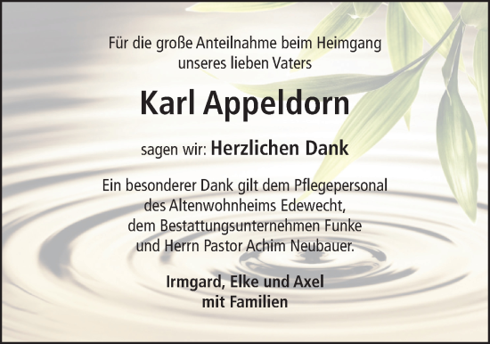Traueranzeige von Karl Appeldorn von Nordwest-Zeitung