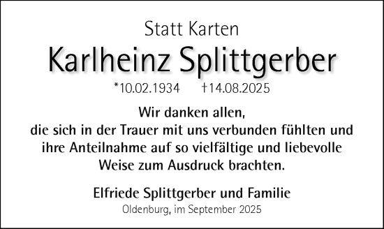 Traueranzeige von Karlheinz Splittgerber von Nordwest-Zeitung