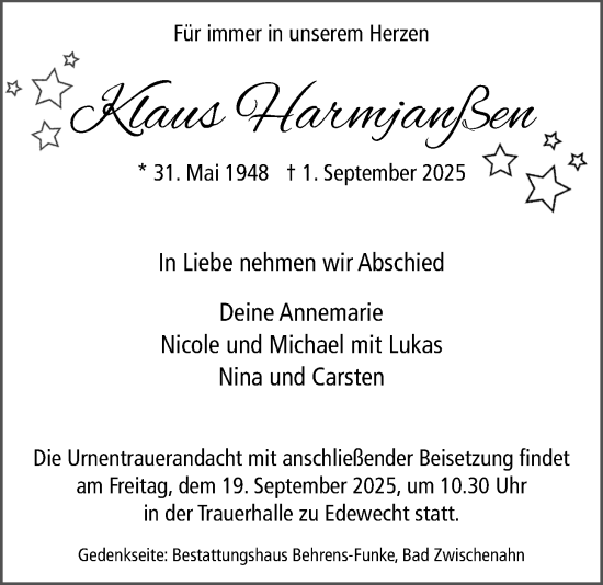 Traueranzeige von Klaus Harmjanßen von Nordwest-Zeitung