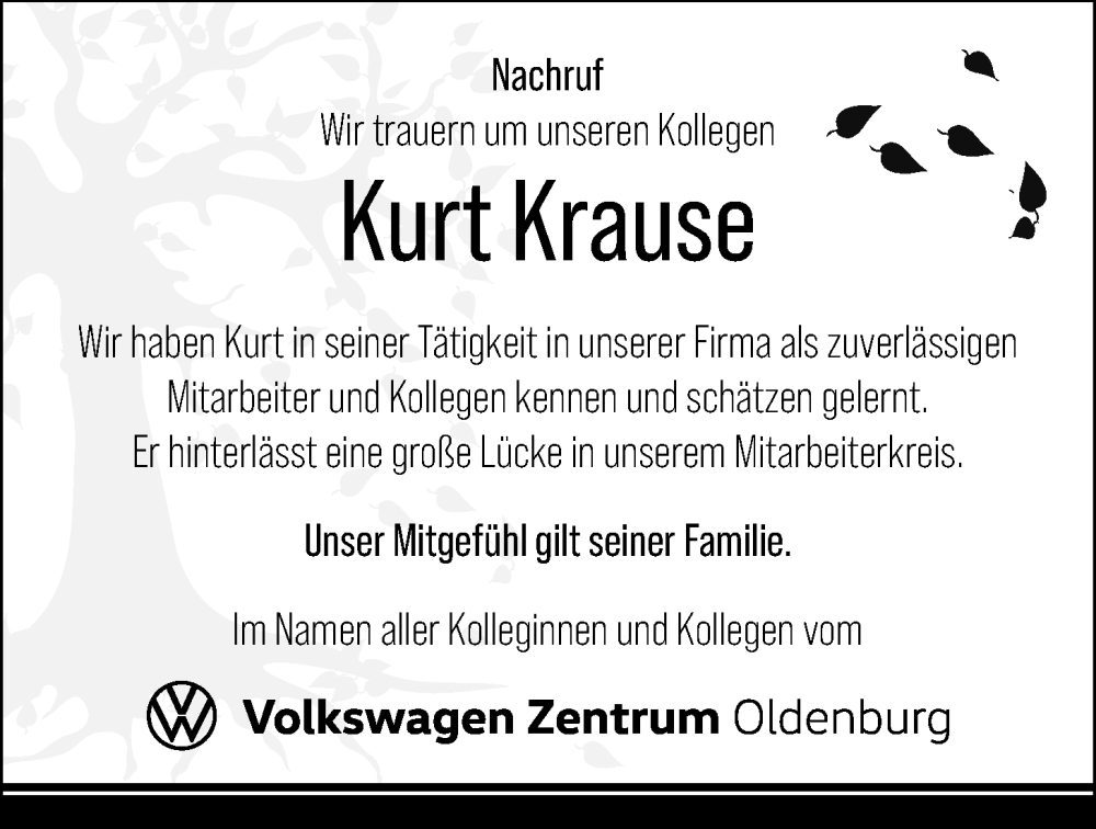  Traueranzeige für Kurt Krause vom 25.09.2025 aus Nordwest-Zeitung
