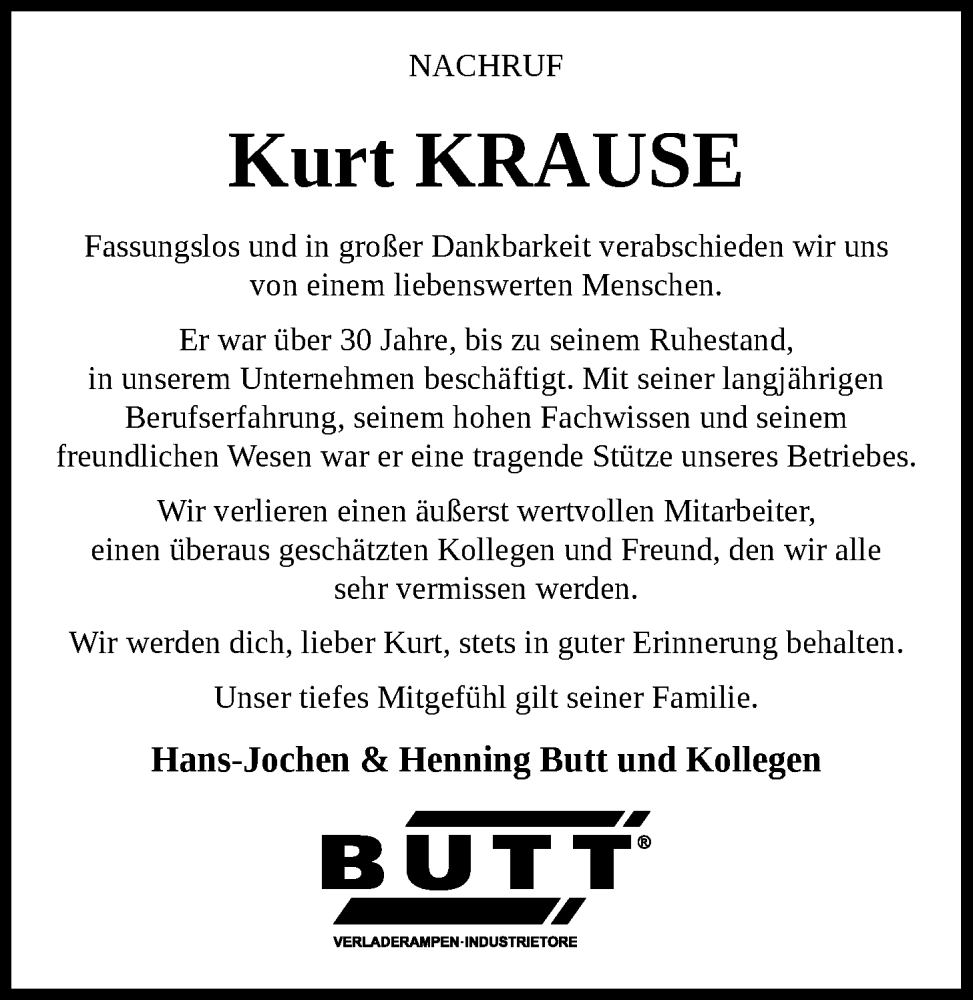  Traueranzeige für Kurt Krause vom 20.09.2025 aus Nordwest-Zeitung