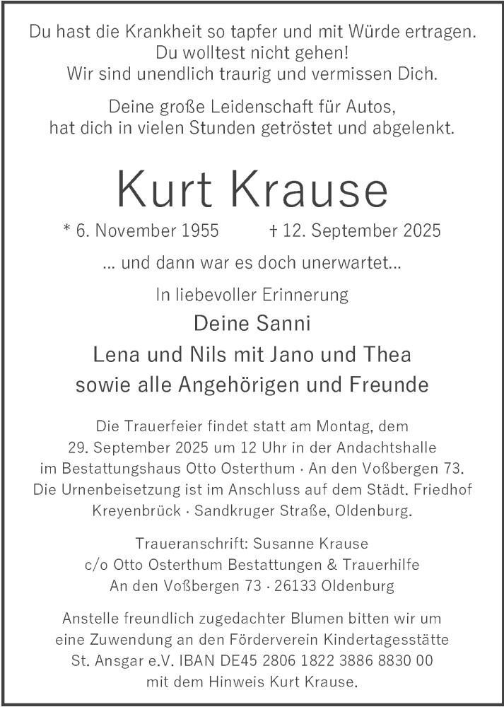  Traueranzeige für Kurt Krause vom 20.09.2025 aus Nordwest-Zeitung