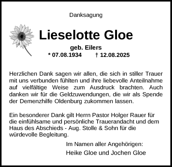 Traueranzeige von Lieselotte Gloe von Nordwest-Zeitung
