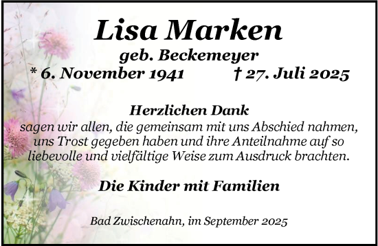 Traueranzeige von Lisa Marken von Nordwest-Zeitung