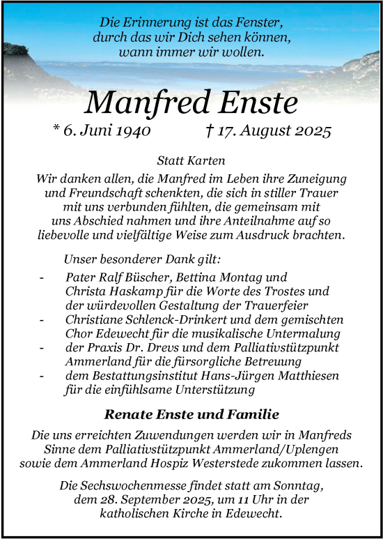 Traueranzeige von Manfred Enste von Nordwest-Zeitung