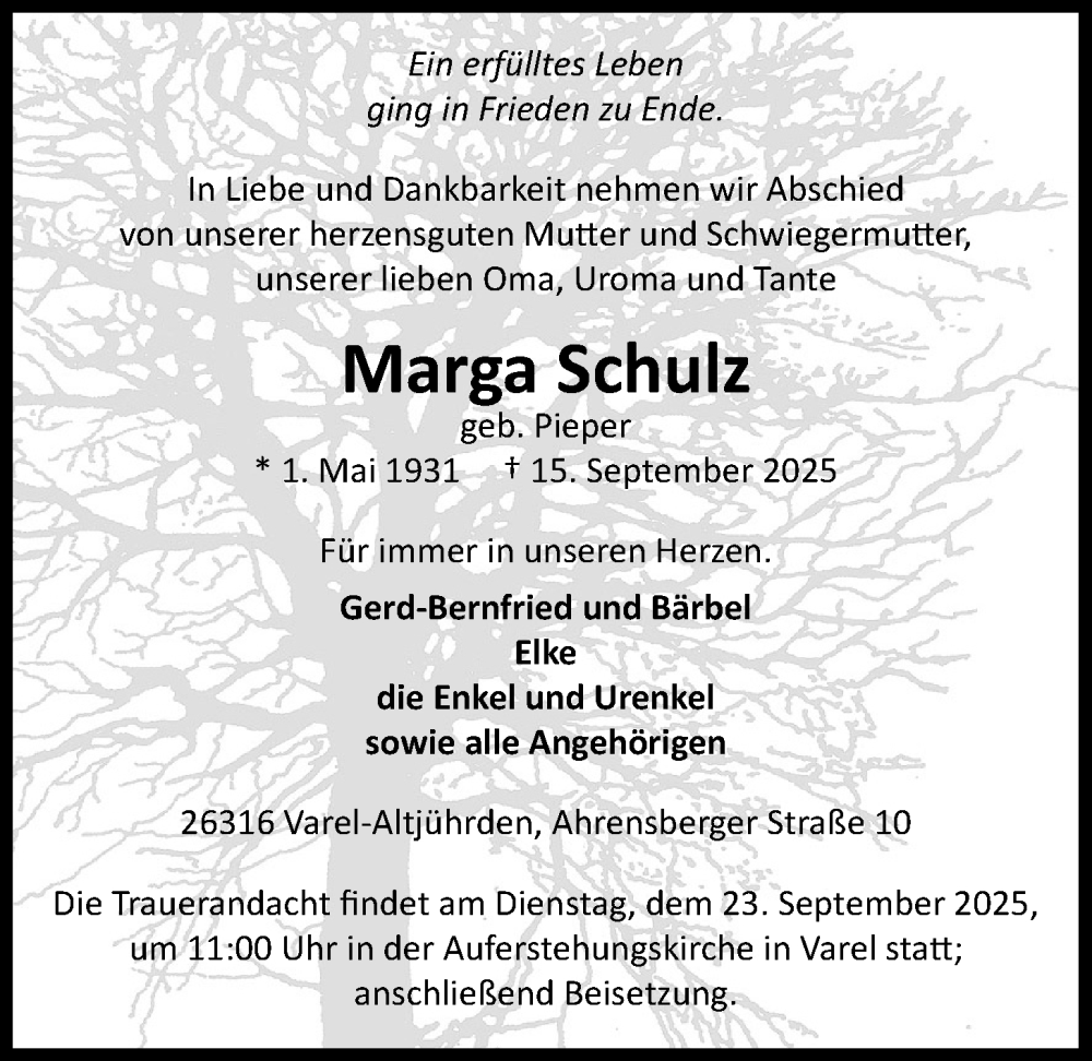 Traueranzeige für Marga Schulz vom 19.09.2025 aus Nordwest-Zeitung
