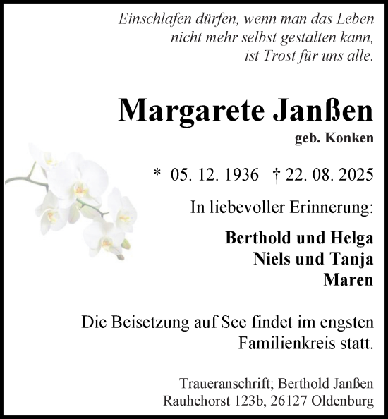 Traueranzeige von Margarete Janßen von WZ/JW/AH