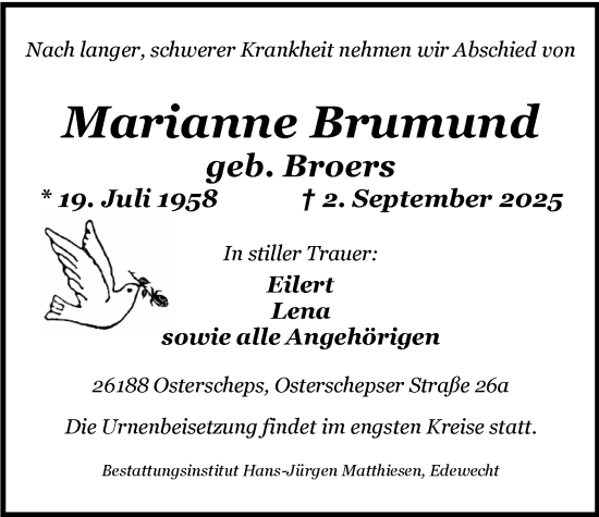 Traueranzeige von Marianne Brumund von Nordwest-Zeitung