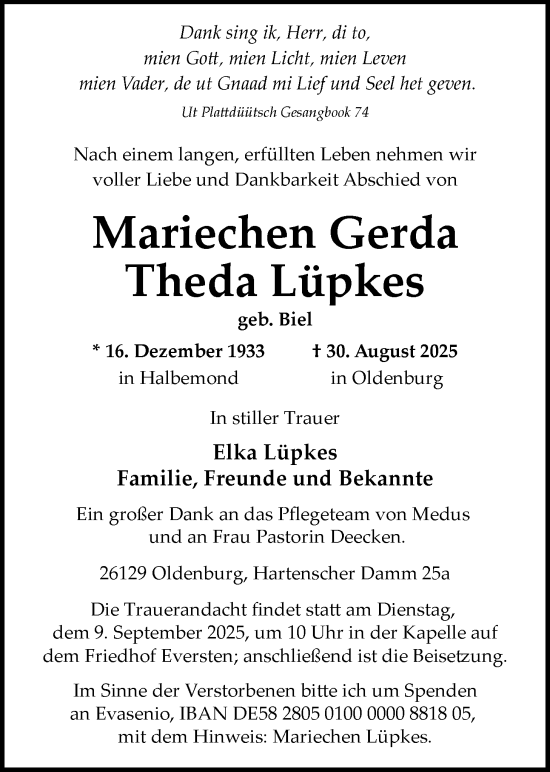 Traueranzeige von Mariechen Gerda Theda Lüpkes von Nordwest-Zeitung