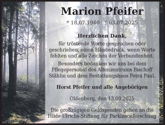 Traueranzeige von Marion Pfeifer von Nordwest-Zeitung