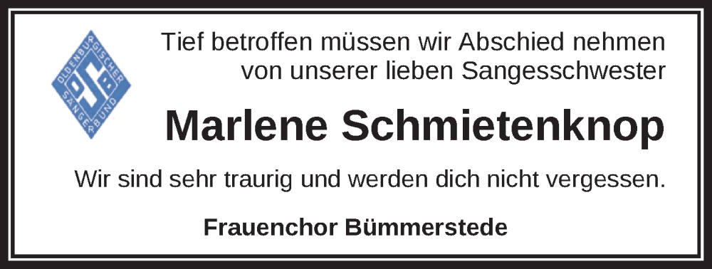  Traueranzeige für Marlene Schmietenknop vom 06.09.2025 aus Nordwest-Zeitung