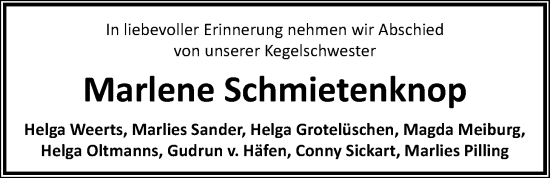 Traueranzeige von Marlene Schmietenknop von Nordwest-Zeitung