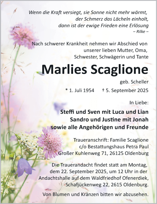 Traueranzeige von Marlies Scaglione von Nordwest-Zeitung