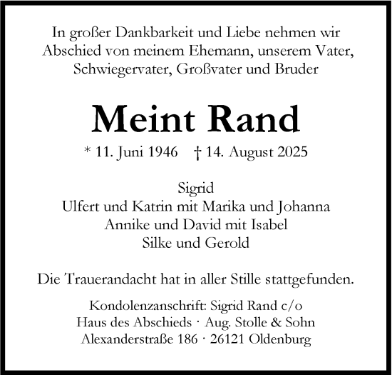 Traueranzeige von Meint Rand von Nordwest-Zeitung