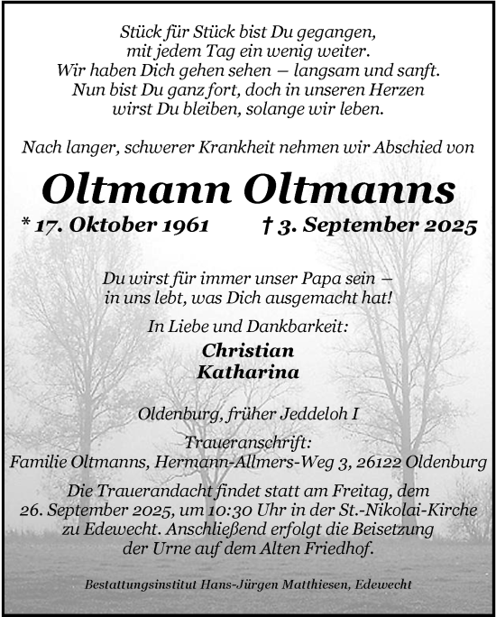 Traueranzeige von Oltmann Oltmanns von Nordwest-Zeitung