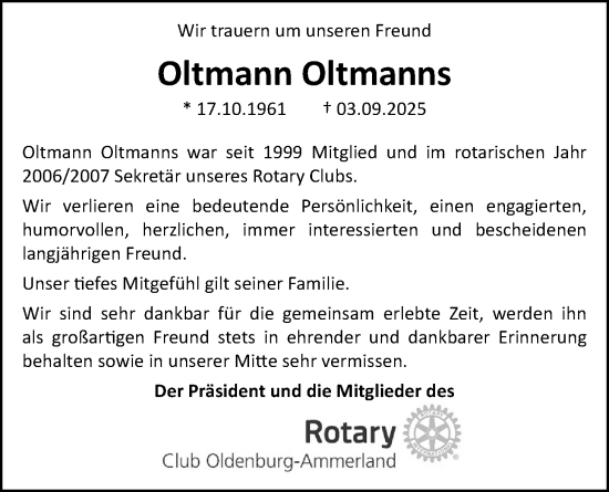 Traueranzeige von Oltmann Oltmanns von Nordwest-Zeitung