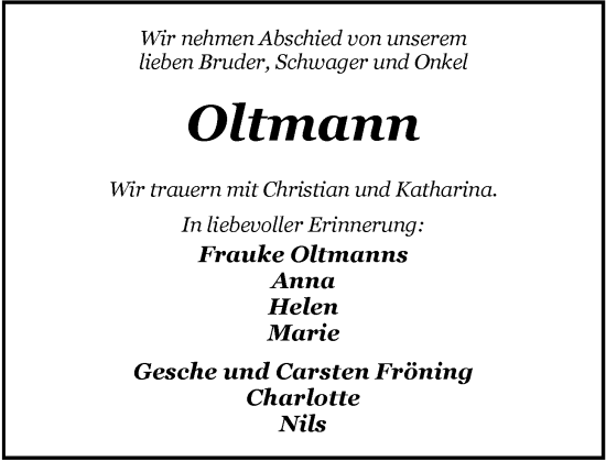 Traueranzeige von Oltmann Oltmanns von Nordwest-Zeitung