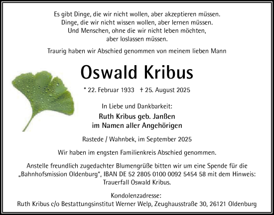 Traueranzeige von Oswald Kribus von Nordwest-Zeitung