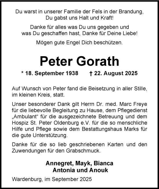 Traueranzeige von Peter Gorath von Nordwest-Zeitung