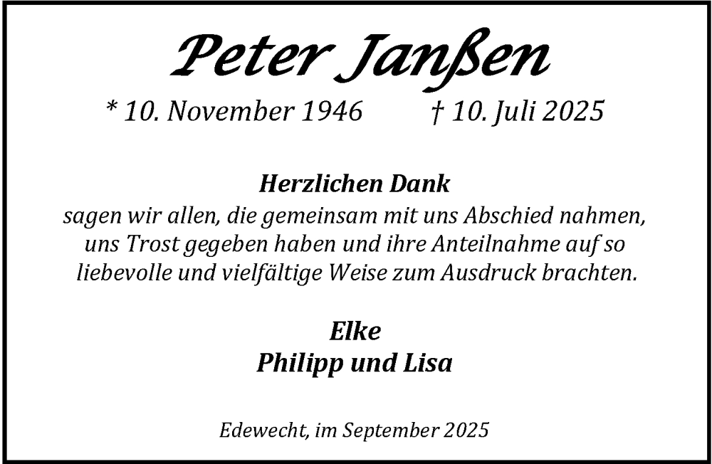  Traueranzeige für Peter Janßen vom 06.09.2025 aus Nordwest-Zeitung