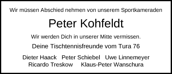 Traueranzeige von Peter Kohfeldt von Nordwest-Zeitung