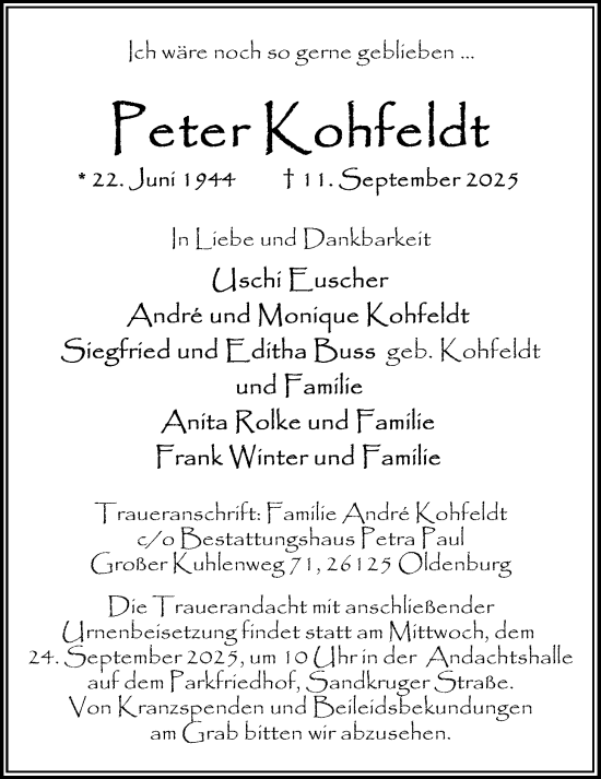 Traueranzeige von Peter Kohfeldt von Nordwest-Zeitung