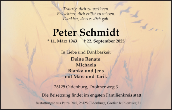 Traueranzeige von Peter Schmidt von Nordwest-Zeitung