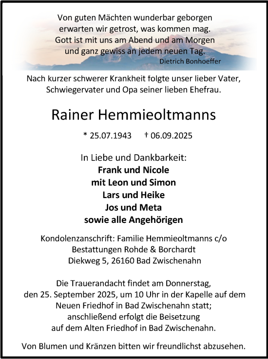 Traueranzeige von Rainer Hemmieoltmanns von Nordwest-Zeitung