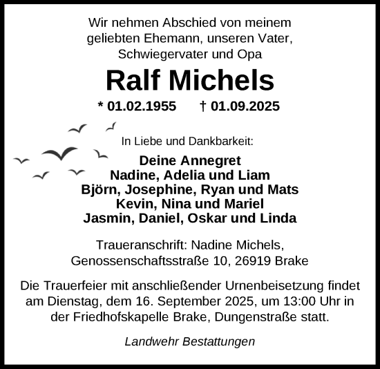 Traueranzeige von Ralf Michels von Nordwest-Zeitung