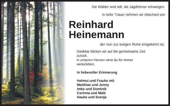 Traueranzeige von Reinhard Heinemann von Nordwest-Zeitung