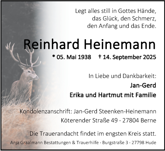 Traueranzeige von Reinhard Heinemann von Nordwest-Zeitung