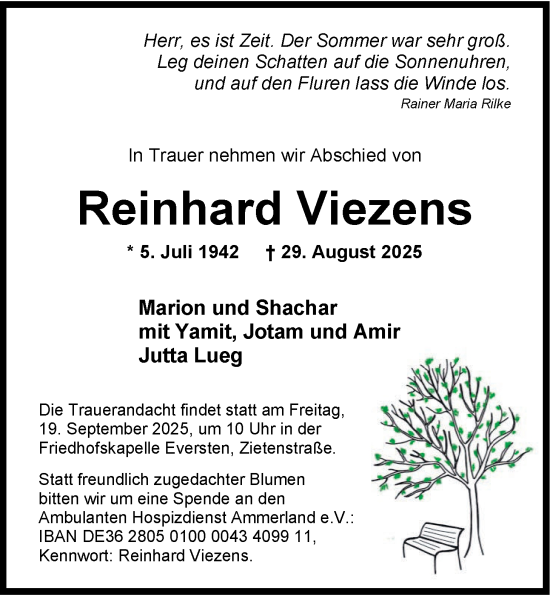 Traueranzeige von Reinhard Viezens von Nordwest-Zeitung