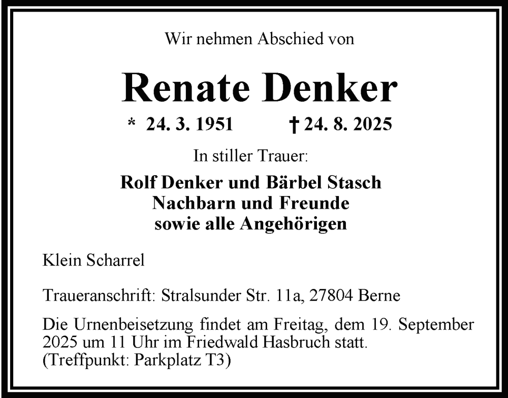  Traueranzeige für Renate Denker vom 06.09.2025 aus Nordwest-Zeitung
