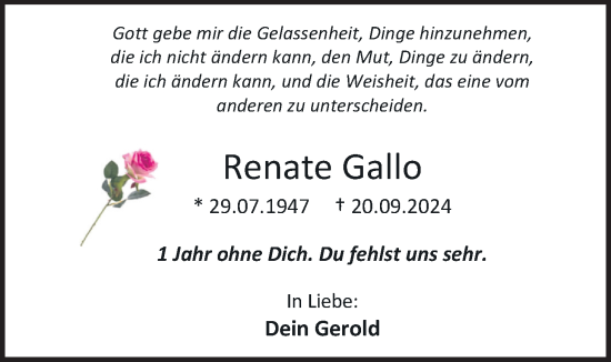 Traueranzeige von Renate Gallo von Nordwest-Zeitung