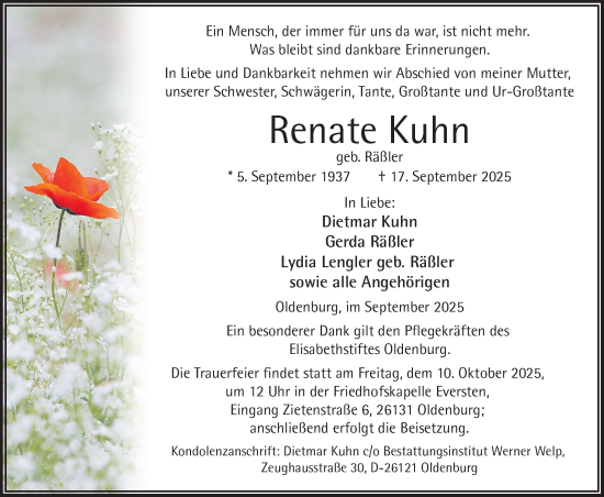 Traueranzeige von Renate Kuhn von Nordwest-Zeitung