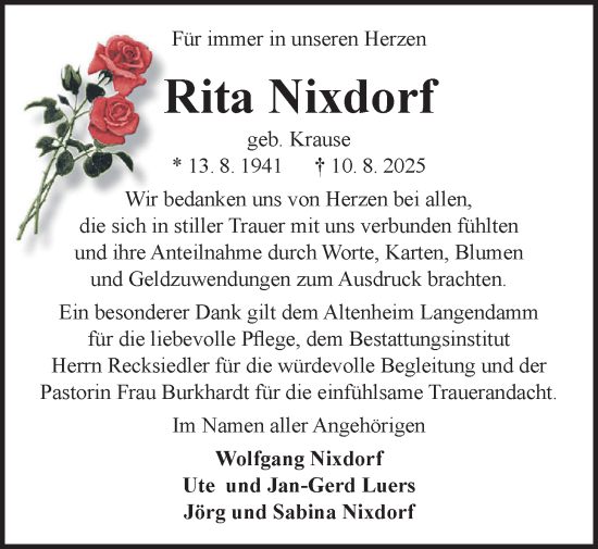 Traueranzeige von Rita Nixdorf von Nordwest-Zeitung
