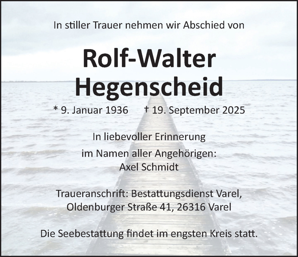  Traueranzeige für Rolf-Walter Hegenscheid vom 27.09.2025 aus Nordwest-Zeitung