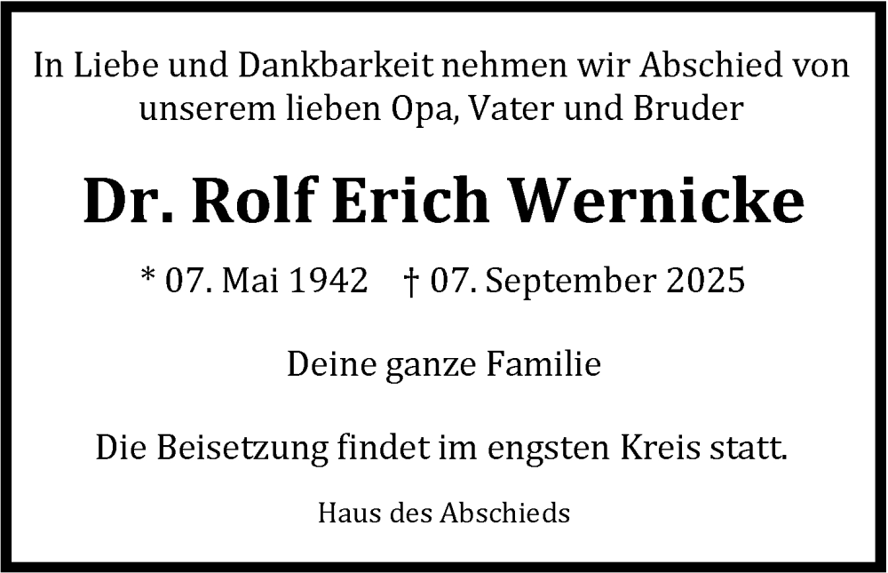  Traueranzeige für Rolf Erich Wernicke vom 20.09.2025 aus Nordwest-Zeitung