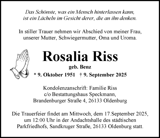 Traueranzeige von Rosalia Riss von Nordwest-Zeitung