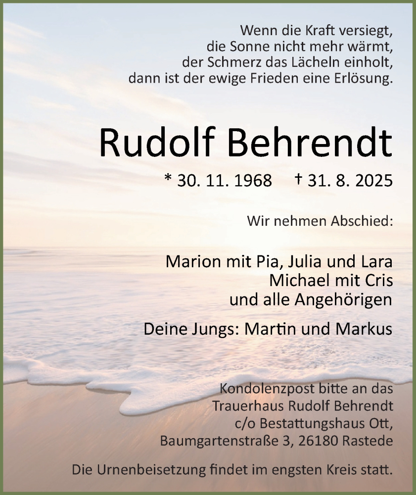  Traueranzeige für Rudolf Behrendt vom 11.09.2025 aus Nordwest-Zeitung