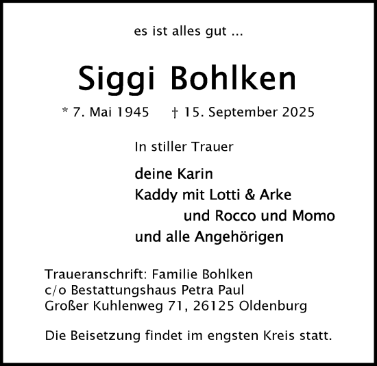 Traueranzeige von Siggi Bohlken von Nordwest-Zeitung
