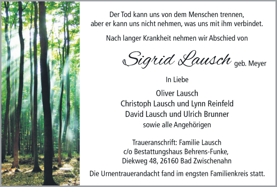 Traueranzeige von Sigrid Lausch von Nordwest-Zeitung