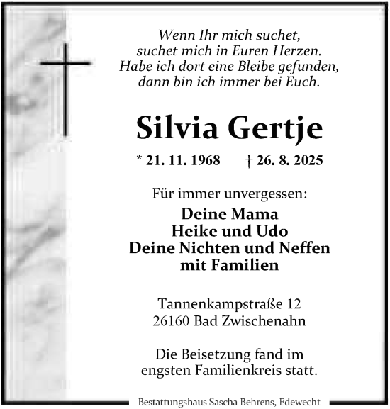 Traueranzeige von Silvia Gertje von Nordwest-Zeitung