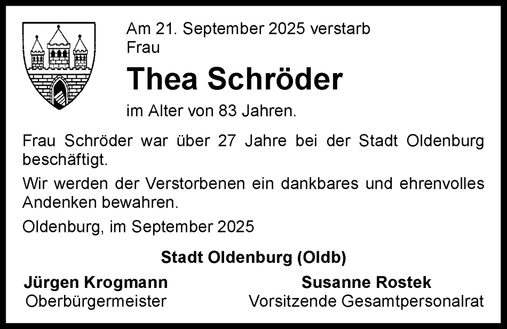  Traueranzeige für Thea Schröder vom 27.09.2025 aus Nordwest-Zeitung