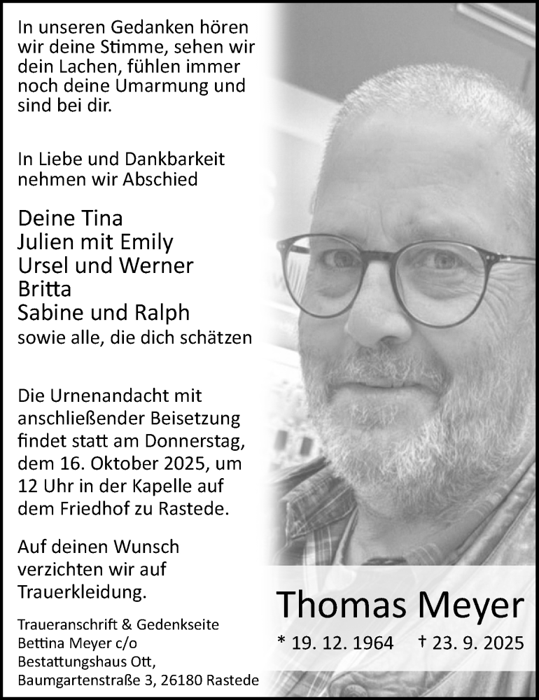  Traueranzeige für Thomas Meyer vom 27.09.2025 aus Nordwest-Zeitung