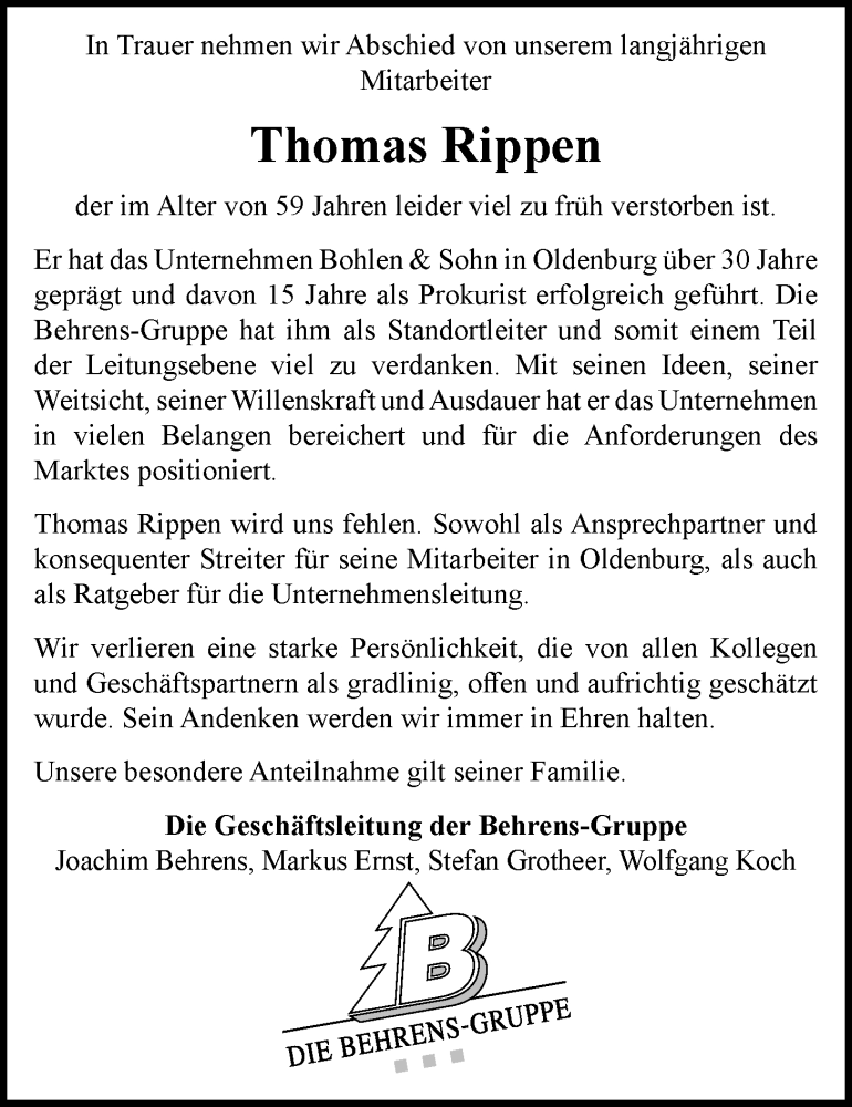  Traueranzeige für Thomas Rippen vom 13.09.2025 aus Nordwest-Zeitung