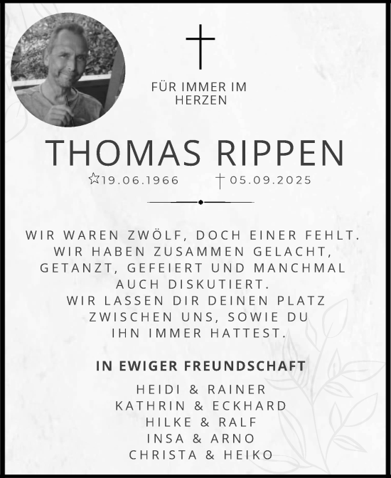 Traueranzeige von Thomas Rippen von Nordwest-Zeitung