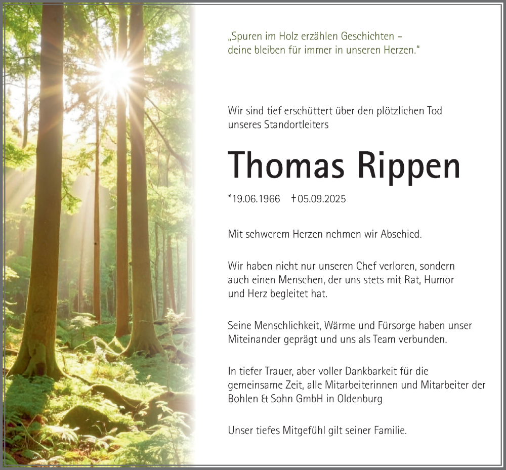  Traueranzeige für Thomas Rippen vom 13.09.2025 aus Nordwest-Zeitung